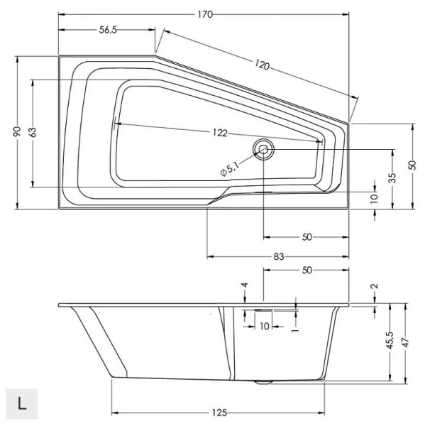 Акриловая ванна Riho Rething Space Fall Plug & Play B113009005/B114009005, 170 x 90 см, наполнение через перелив, левая/правая, цвет белый (детальная фотография), асимметричные