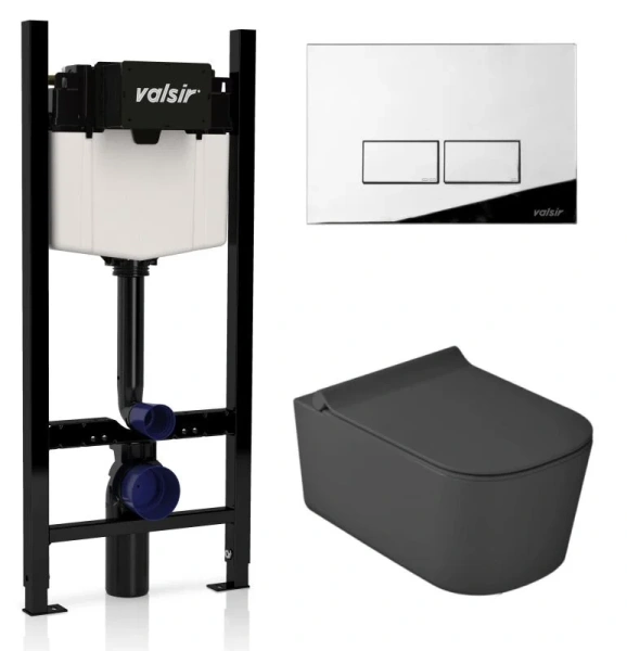 Унитаз с инсталляцией Valsir MEG11PRO с клавишей хром KIT VSCR 5486NEMT Slim P3 (детальная фотография)