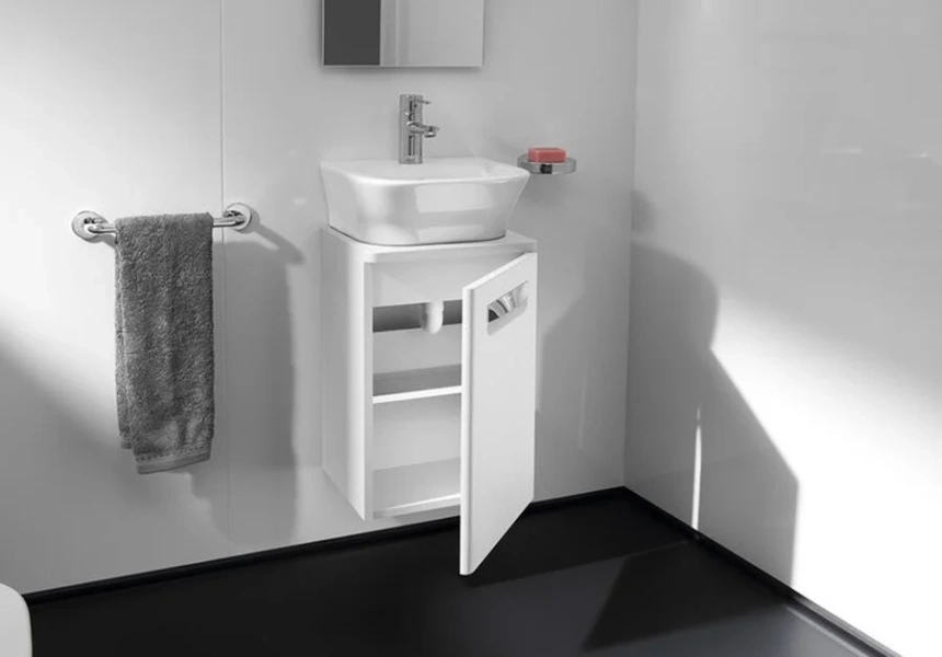 Тумба под раковину подвесная Roca The Gap 45 см белый глянец ZRU9302880 (детальная фотография), подвесная, пристенная