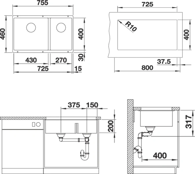 Мойка для кухни Blanco Subline 430/270-U 75 см антрацит 523151 (детальная фотография), встраиваемые, интегрированные