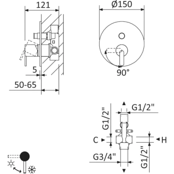 Смеситель для душа Cezares Leaf хром LEAF-VDIM-L-01 (детальная фотография), для душа