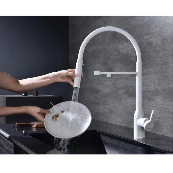 Смеситель для питьевой воды Paulmark Magneto One белый матовый Ma213188-WH (детальная фотография), с поворотным изливом, с двумя изливами, с гибким изливом