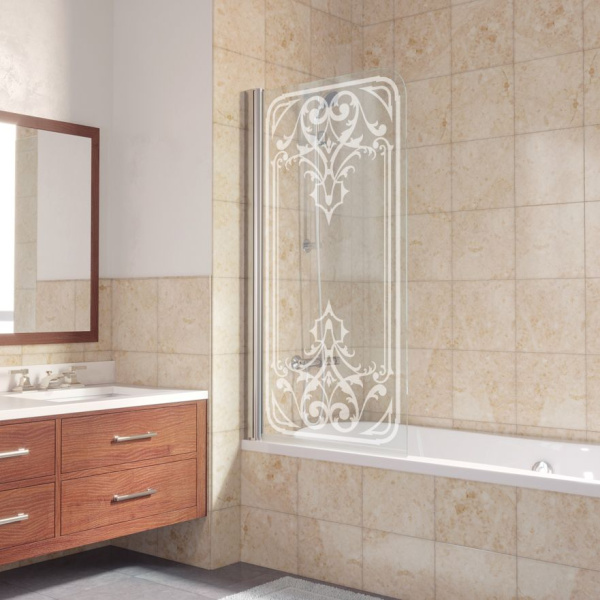 Душевая шторка на ванную профиль глянцевый хром рисунок матовый стекло прозрачное Vegas-glass EV 76 08 ARTDECO D2 L (детальная фотография), недорогие