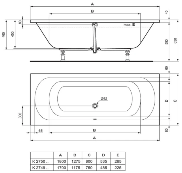 Ванна акриловая Ideal Standard Hotline K2749 170х75 см прямоугольная (детальная фотография), современныe, hi-tech