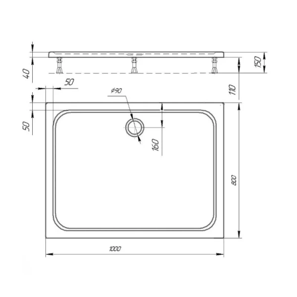 Душевой поддон Акватек 100x80 см акриловый DPA-0000009 (детальная фотография), средние от 15 до 30 см