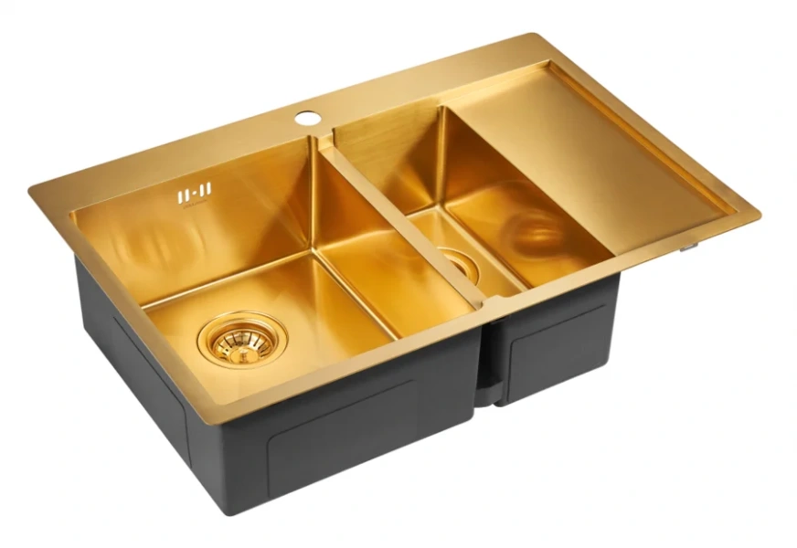 Мойка для кухни Paulmark Liga 78 см брашированное золото, правосторонняя PM227851-BGR (детальная фотография), из нержавеющей стали, стальные, металлические