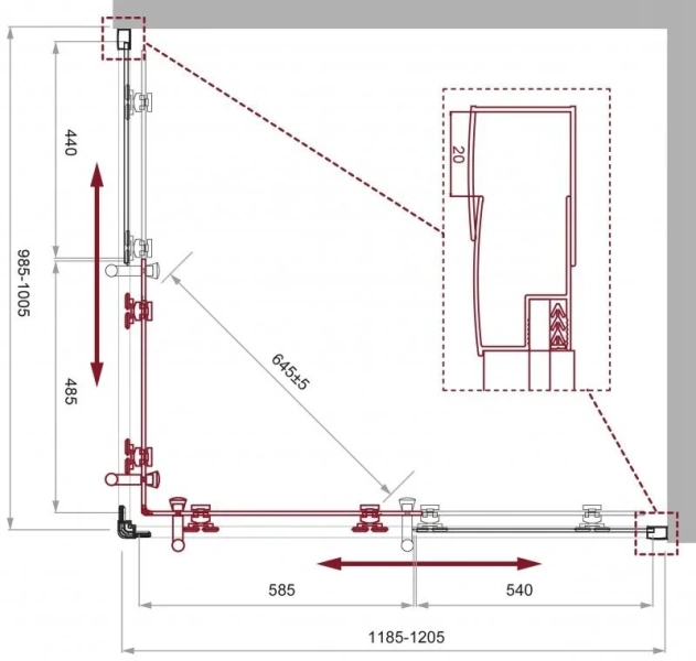 Душевой уголок BelBagno Uno-195 120x100 см профиль черный UNO-195-AH-2-120/100-C-NERO (детальная фотография), прямоугольные