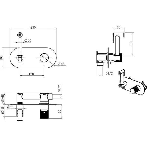 Гигиенический душ со смесителем Boheme Stick черный-золото 127-BG.2 (детальная фотография), для туалета