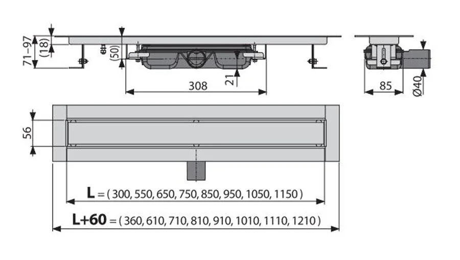 Душевой лоток Alcaplast APZ 55 см с решеткой под кладку камня APZ115-550 (детальная фотография), другие
