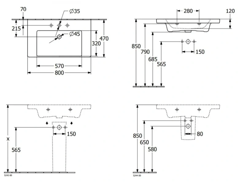 Раковина Villeroy & Boch Subway 3.0 80 см белая 4A708001 (детальная фотография), современные, hi-tech