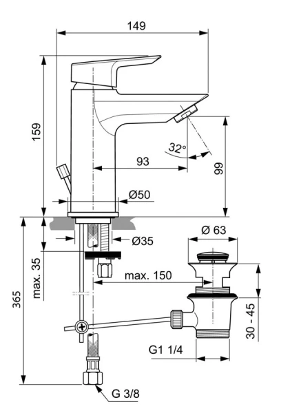 Смеситель для раковины Ideal Standard Tesi с донным клапаном A6555AA (детальная фотография), для раковины