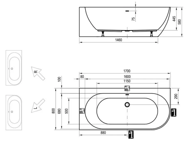 Ванна акриловая Ravak Freedom Corner L/P XC00100049/XC00100048, 170 x 80 см, белая, слив-перелив белый, левая/правая (детальная фотография), современныe, hi-tech