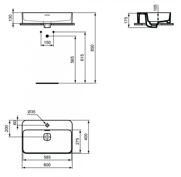 Раковина Ideal Standard Strada II 60 см с отверстием для смесителя T299801 (детальная фотография), современные, hi-tech