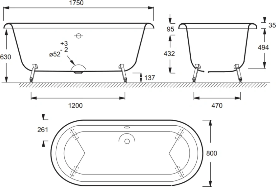 Ванна чугунная Jacob Delafon Cleo 175х80 см окрашенная в белый цвет E2901N-00 (детальная фотография), чугунные