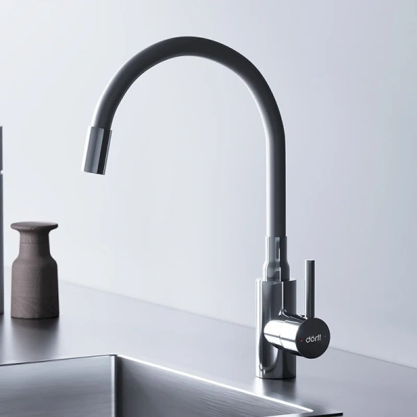 Смеситель для кухни Dorff Logic хром/белый D3007633 (детальная фотография), высокие, недорогие, округлая форма