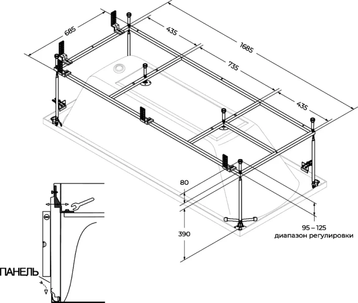 Каркас для акриловой ванны Cezares металлический EMP-180-80-MF-R (детальная фотография), в наличии