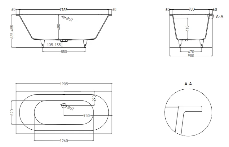 Ванна из искусственного камня Salini Ornella Axis 190x90 см S-Sense (Sapirit) глянцевый 103412G (детальная фотография), искусственный камень