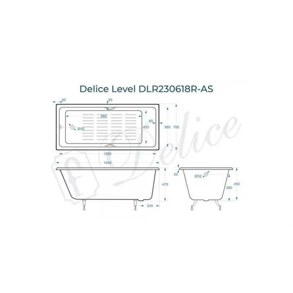 Ванна чугунная Delice Level DLR230618R-AS 140x70 пристенная (детальная фотография), чугунные