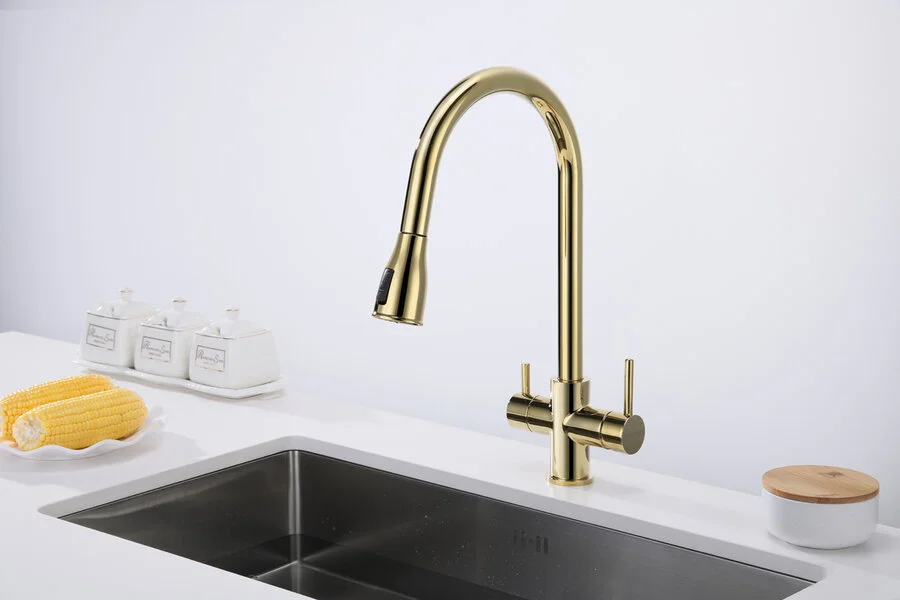 Смеситель для кухни Paulmark Lange золото La214212-G (детальная фотография), однорычажные, двухрычажные