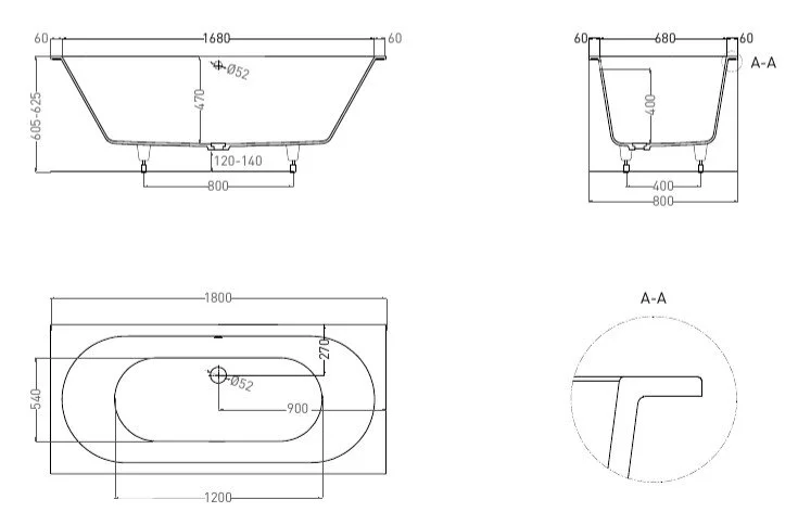 Ванна из искусственного камня Salini Ornella Axis 180x80 см S-Sense (Sapirit) матовый 103411M (детальная фотография), 180x80 см