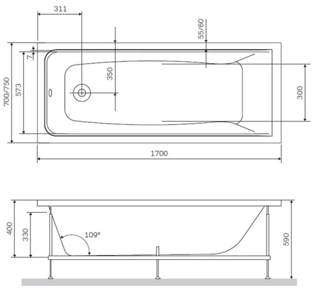 Ванна акриловая Am.Pm Gem 170х70 см с душевым гарнитуром WK90EA (детальная фотография), акриловые