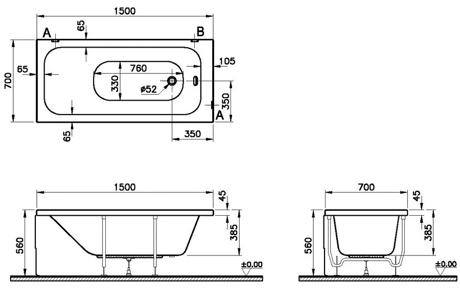 Ванна акриловая VitrA Optimum Neo 64560001000 150 х 70 см прямоугольная (детальная фотография), акриловые