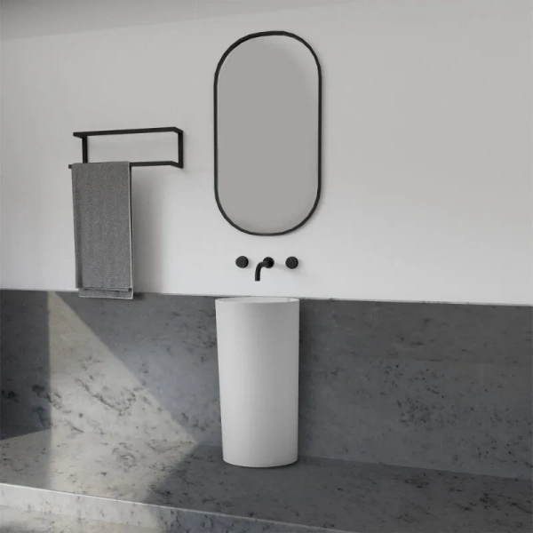 Раковина напольная Abber Stein белая матовая AS2506-H (детальная фотография), круглой формы, моноблок