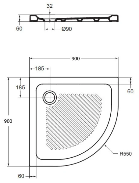 Душевой поддон Ideal Standard Connect T2669 90х90 см керамический (детальная фотография), низкие до 15 см