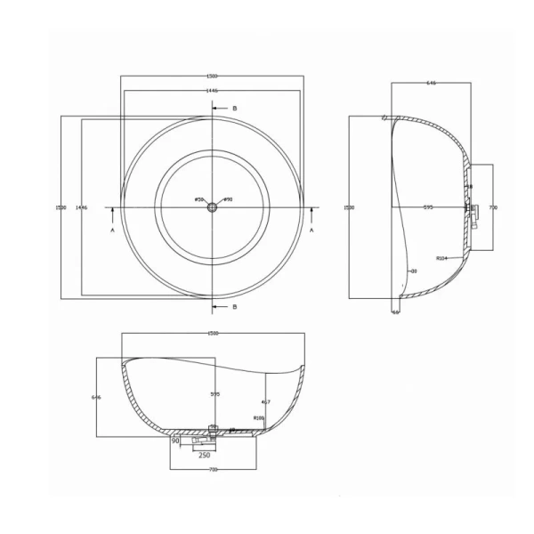 Ванна из полиэфирной смолы Abber Kristall 150x150 см коричневая AT9705Opal (детальная фотография), без гидромассажа, большие