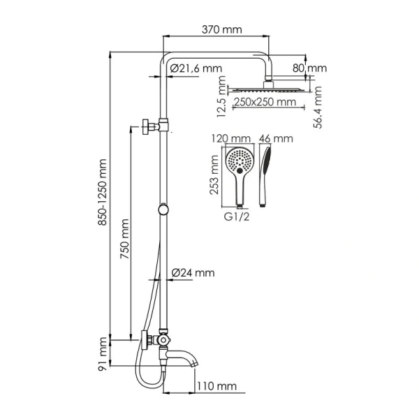 Душевая стойка WasserKRAFT белая матовая A188.254.155.WM Thermo (детальная фотография), современные, hi-tech