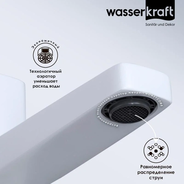 Смеситель для раковины WasserKRAFT Saale белый матовый 9503 (детальная фотография), из латуни, недорогие, прямоугольная форма