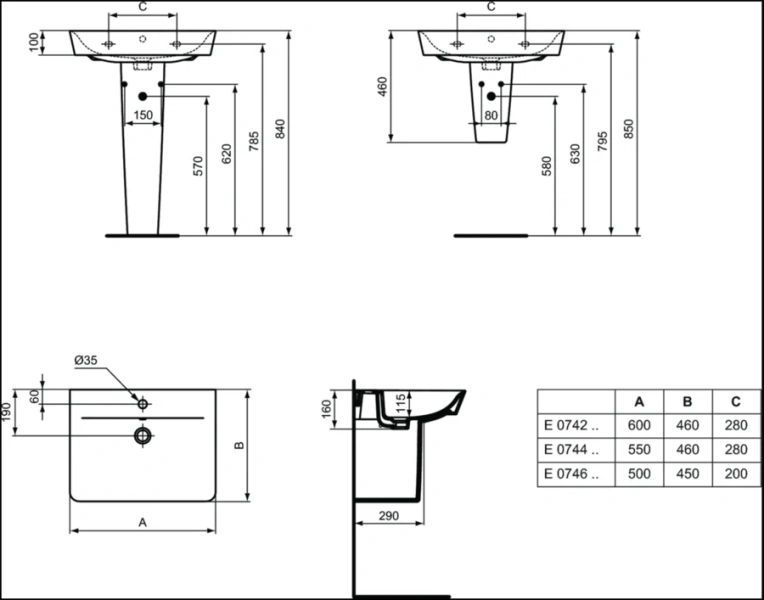Раковина Ideal Standard Connect Air E0742 60 см прямоугольная (детальная фотография), подвесные, на полупьедестал, на пьедестал, пристенные