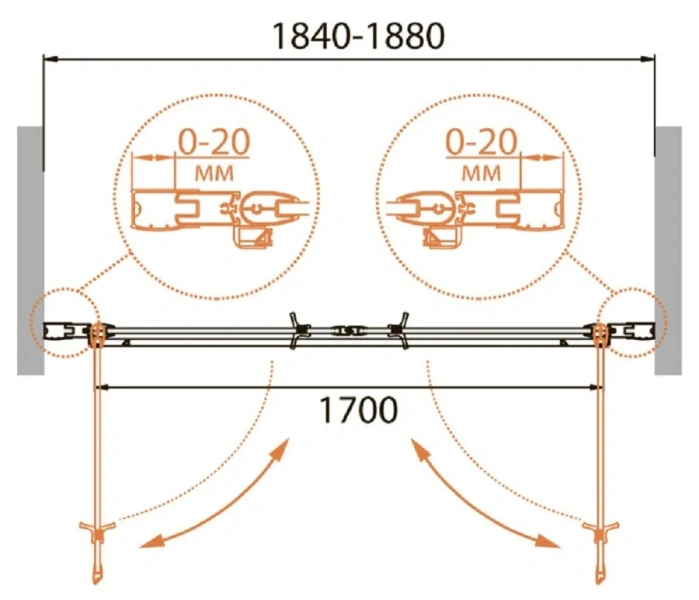 Душевая дверь в нишу Cezares Relax 188 см стекло прозрачное RELAX-B-2-180-C-Bi (детальная фотография), в нишу, стеклянные