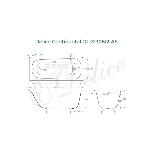 Ванна чугунная Delice Continental 150x70 с антискользящим покрытием DLR230612-AS (детальная фотография), чугунные