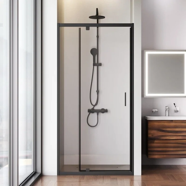 Душевая дверь в нишу Am.Pm Gem 100 см профиль черный W90G-100-1P-BT (детальная фотография), в нишу, стеклянные