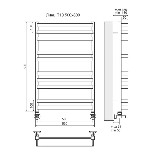 Полотенцесушитель водяной Terminus Линц П10 50х80 см нижнее подключение 4630080268388 (детальная фотография), современные, hi-tech
