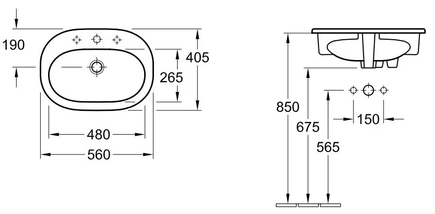 Раковина Villeroy & Boch O.novo 56 см встраиваемая, без покрытия 41615601 (детальная фотография), современные, hi-tech