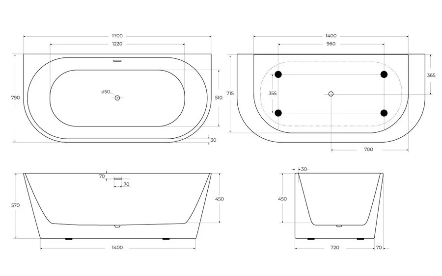 Ванна акриловая BelBagno 170x80 см пристенная BB710-1700-800 (детальная фотография), акриловые