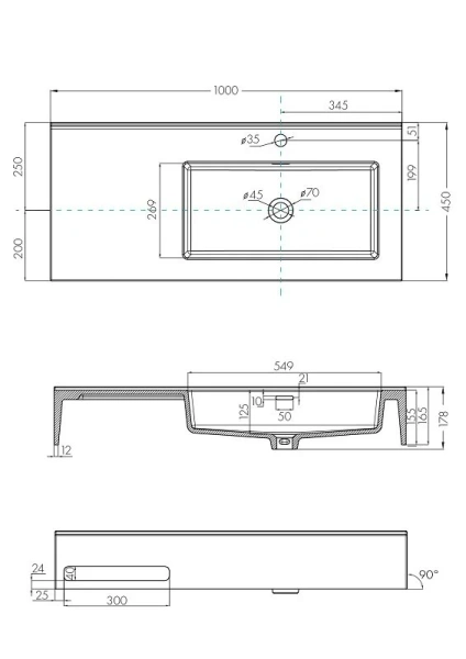 Раковина Акватон Квадро Про 100 см правая 1A733231QA01R (детальная фотография), подвесные, пристенные
