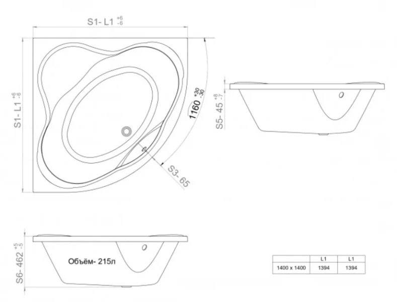 Ванна акриловая Triton OMP Грация Щ0000048049, 140 x 140 см, белая (детальная фотография), современныe, hi-tech