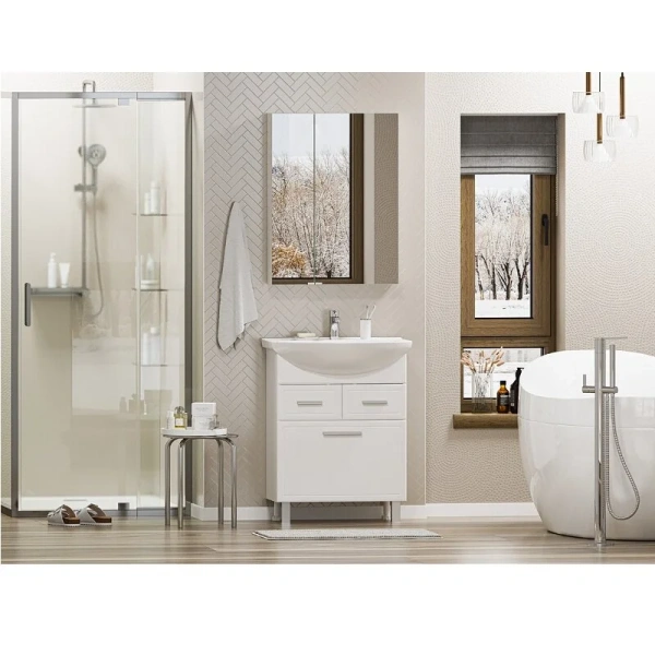 Тумба с раковиной напольная Misty Стелла 65 см с двумя ящиками и корзиной для белья (детальная фотография), современная, hi-tech