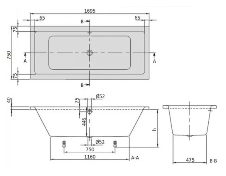 Ванна акриловая Villeroy & Boch Targa Plus Duo UBA170NES2V-01, 170 x 75 см, альпийский белый (детальная фотография), акриловые