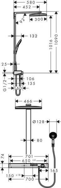 Душевая стойка Hansgrohe Rainmaker Select с термостатом 27109400 (детальная фотография), с тропическим душем