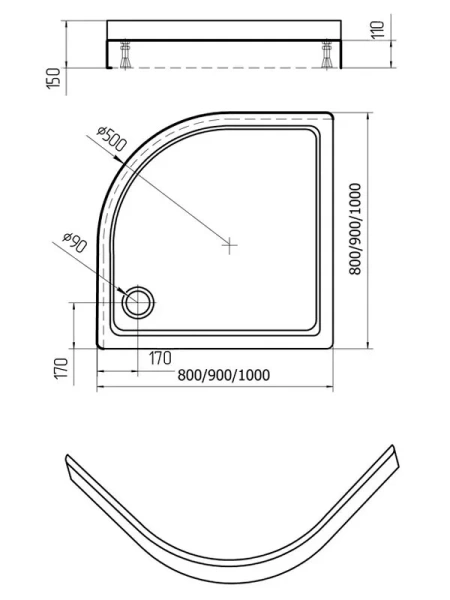 Душевой поддон Акватек 80x80 см полукруглый DPA-0000007 (детальная фотография), средние от 15 до 30 см
