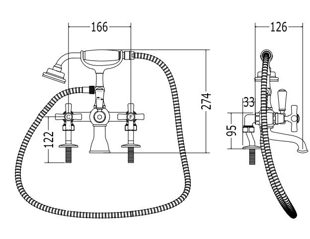 Смеситель для ванны с лейкой и шлангом, 2 отверстия, светлое золото, Devon&Devon White Rose UTWR733 (детальная фотография), для ванны