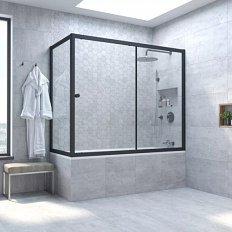 Душевая шторка на ванную профиль черный матовый стекло прозрачное Vegas-glass