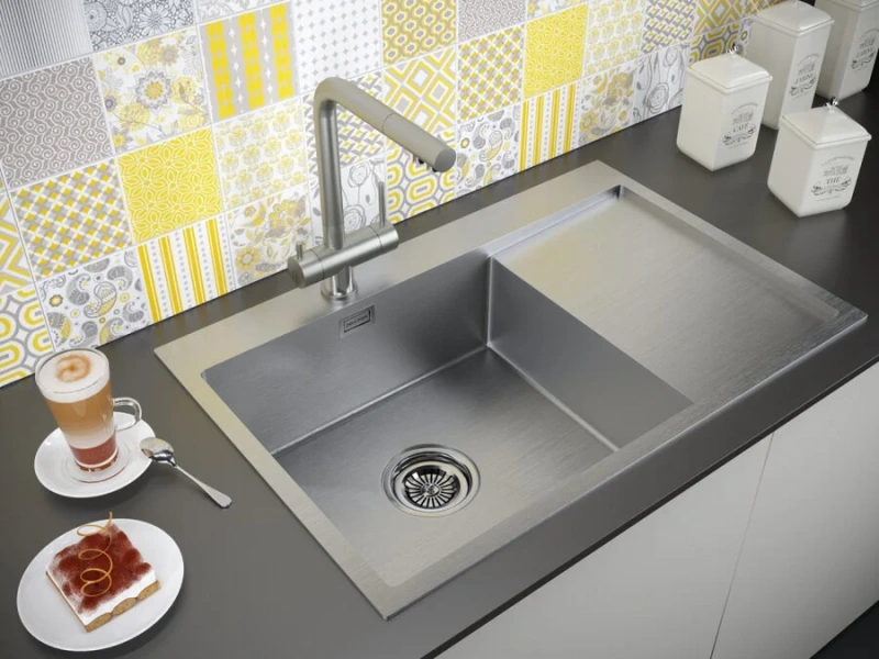 Мойка для кухни Paulmark Elde 78 см нержавеющая сталь, левая PM807851-BSL (детальная фотография), прямоугольной формы