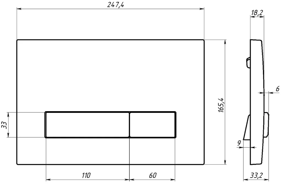 Клавиша смыва Berges Atom Line черная Soft Touch/хром глянец 049231 (детальная фотография), слив эконом-стандарт с двумя клавишами