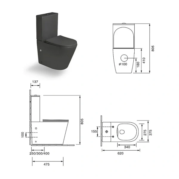 Унитаз компакт SantiLine черный SL-5014MG (детальная фотография), напольные