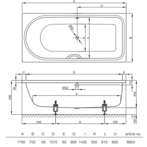 Ванна стальная Bette Ocean 8854-000 PLUS, 170 х 75 см, BetteGlasur Plus, белая (детальная фотография), стальные